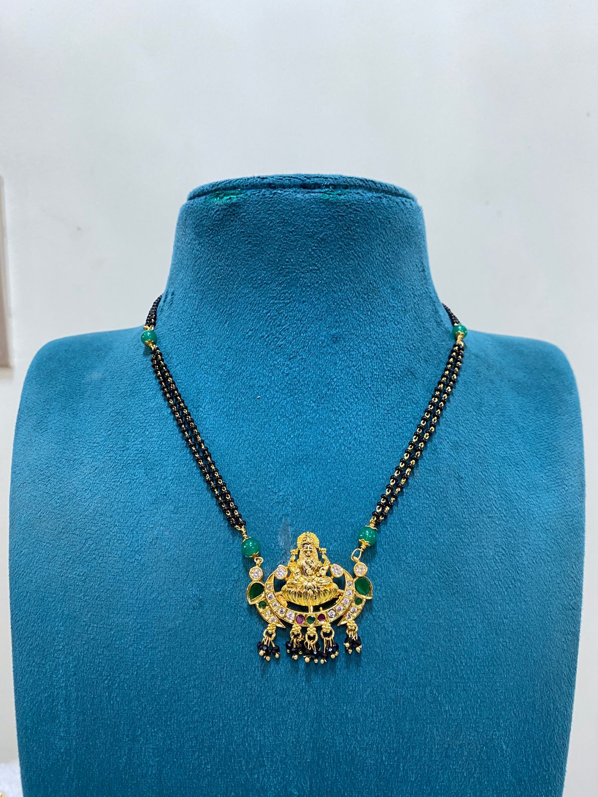 Indian Black Beads With Big Laxmi Devi Pendent and EarStuds