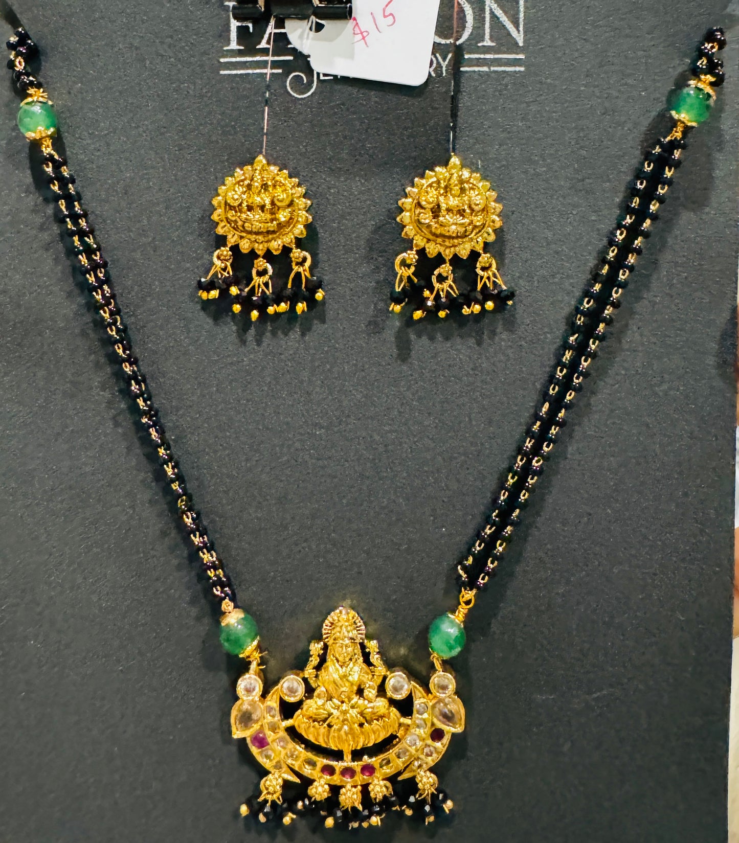 Indian Black Beads With Big Laxmi Devi Pendent and EarStuds