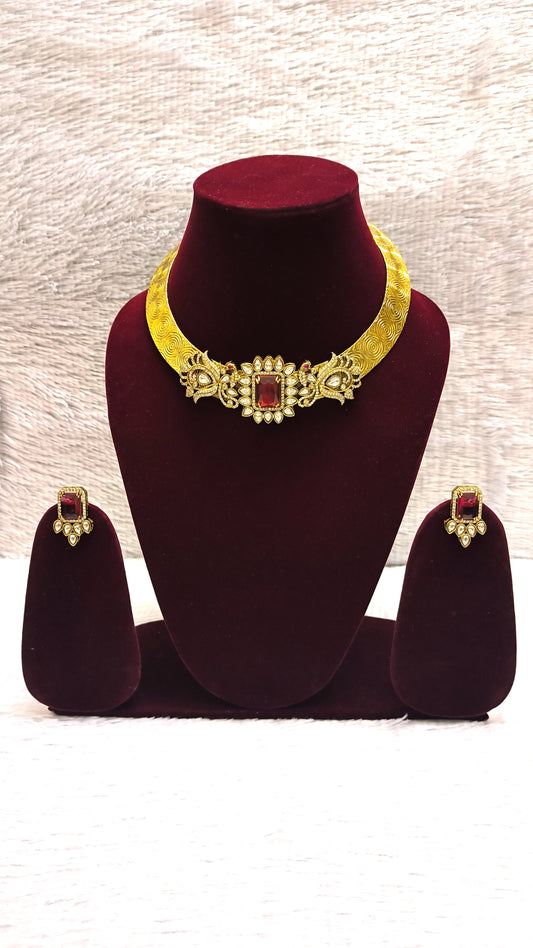 Gorgeous CZ Hasli Set WIth Kundans and Red Sapphire