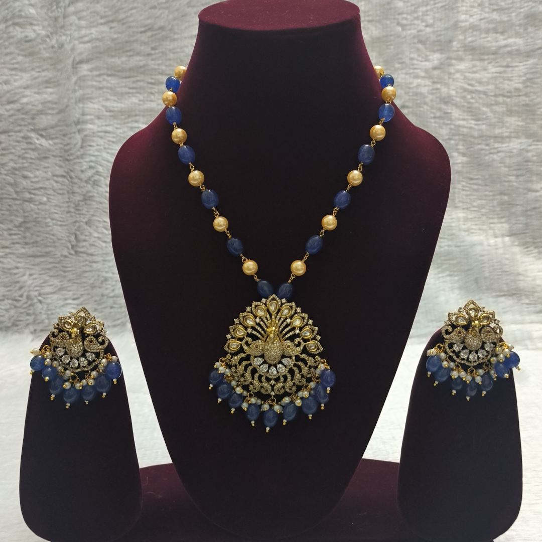 Beautiful Beads Mala with 22K Gold Plated CZ Peacock Pendant