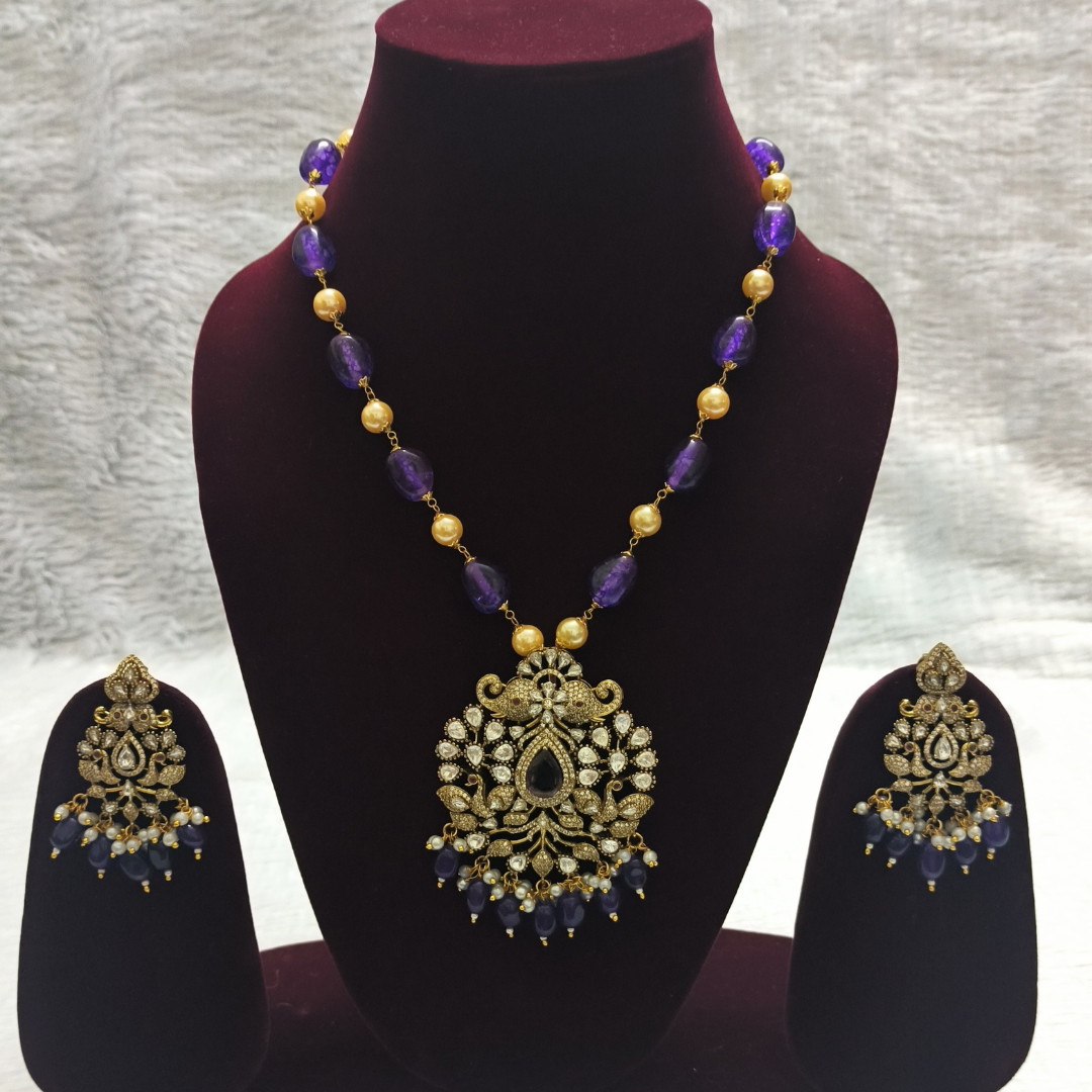 Beautiful Beads Mala Set with 22K Gold Plated Kundan Pendant