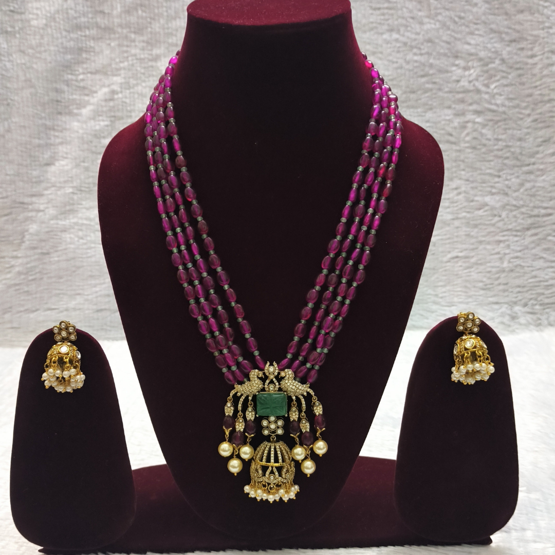 Lovely 4 layered Beads Mala Set with Peacock Pendant