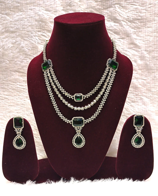 Attractive Multi Layered Necklace Set with AD's and Emeralds