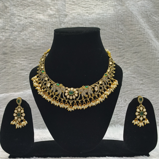 Beautiful Victorian Mehendi Moissanite Stones Necklace Set with Rice Pearls