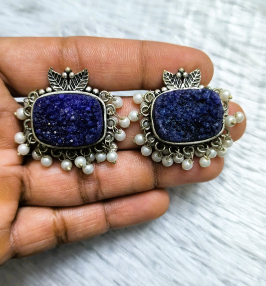 Fanciable Lapis Lazuli Oxidized Earrings with Pearl Drops