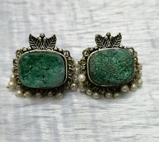 Magnificent Malachite Oxidized Earrings with Pearl Drops