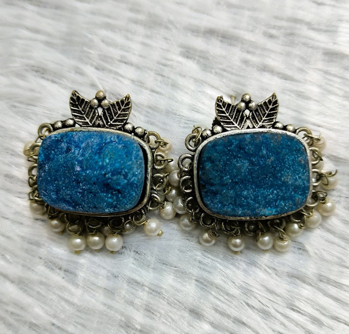 Fanciable Lapis Lazuli Oxidized Earrings with Pearl Drops