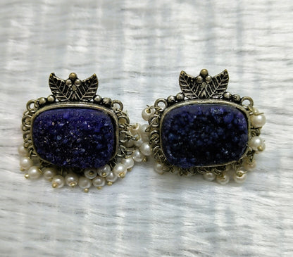 Fanciable Lapis Lazuli Oxidized Earrings with Pearl Drops