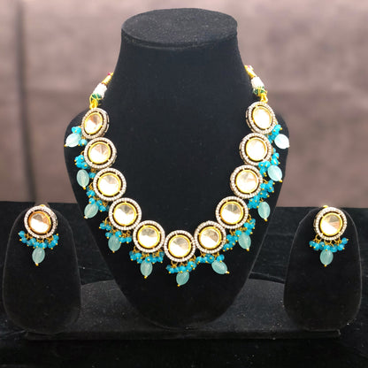 Stunning Blue Foil Kundan Short Necklace Set