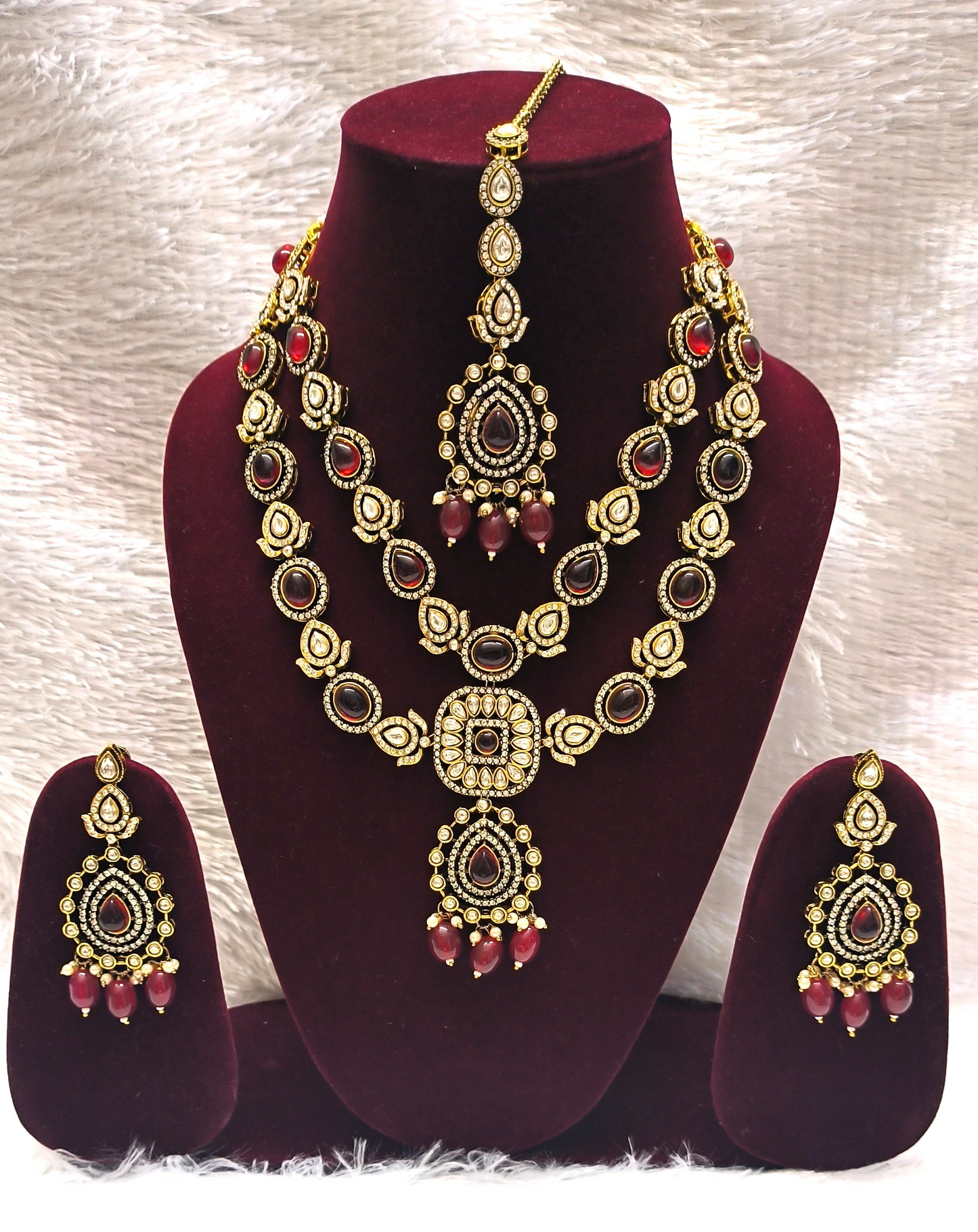 Bridal Multi Layered Victorian Polki Kundan Necklace Set with Maang Tikka