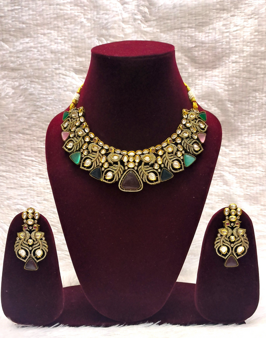 Beautiful Victorian Multi Colored Monalisa Stones and AD Necklace Set