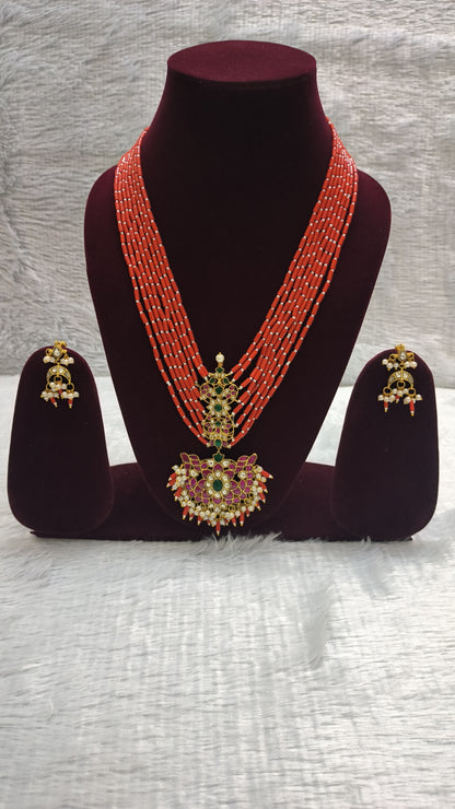 Corals with heavy Jadau Pendant Rani Haar