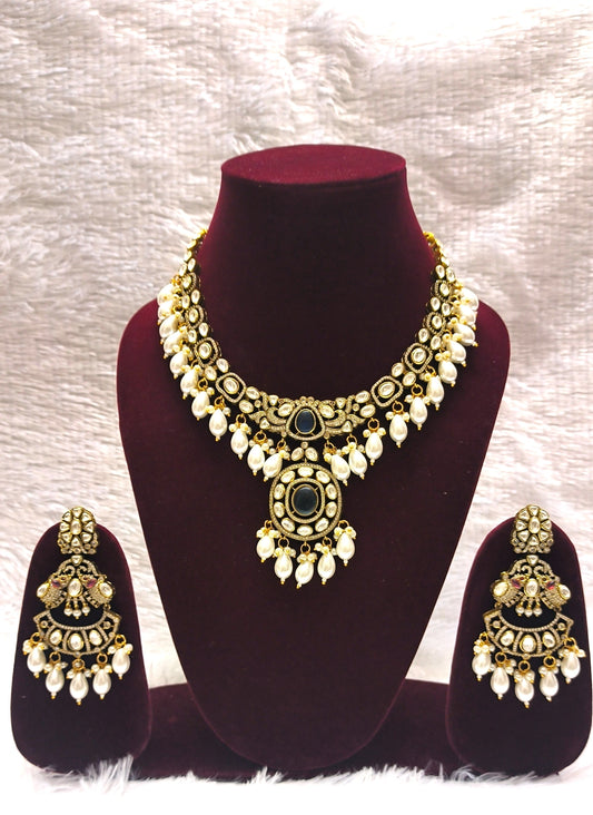 Gorgeous Victorian Polki Kundan Necklace Set with Pearl Drops - Sabyasachi Inspired