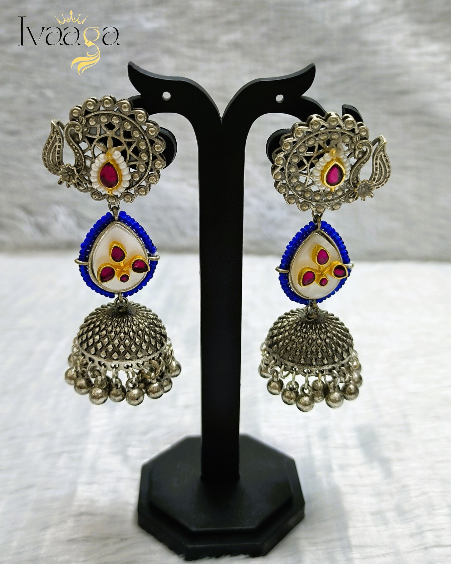 Trendy Oxidized layered Jhumkas with Peacock Stud