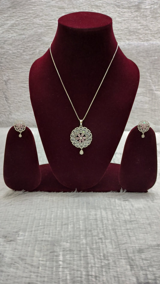 Silver-Tone CZ Floral Rosette Pendant and Matching Earrings Set
