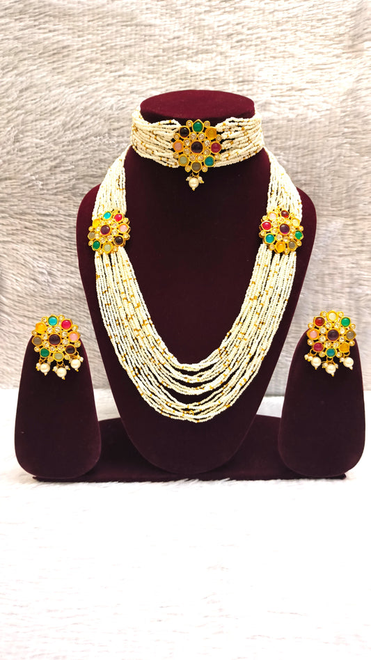 Bridle Pearls Long Haram With Choker Set With Navaratan Stones