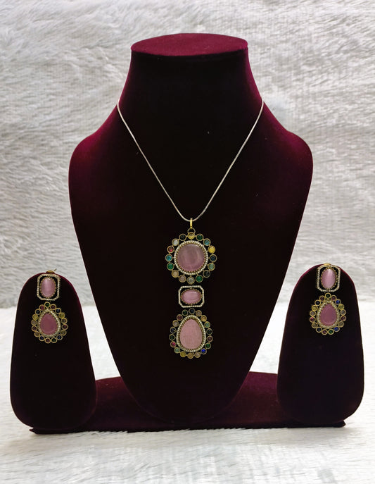 Sabyasachi Inspired Monalisa Stone Pendent Set with Kundans