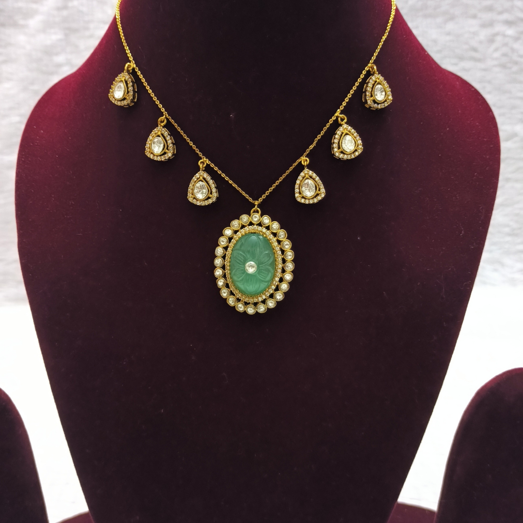 Gorgeous Moissanite Necklace with Carved Green Monalisa Stone