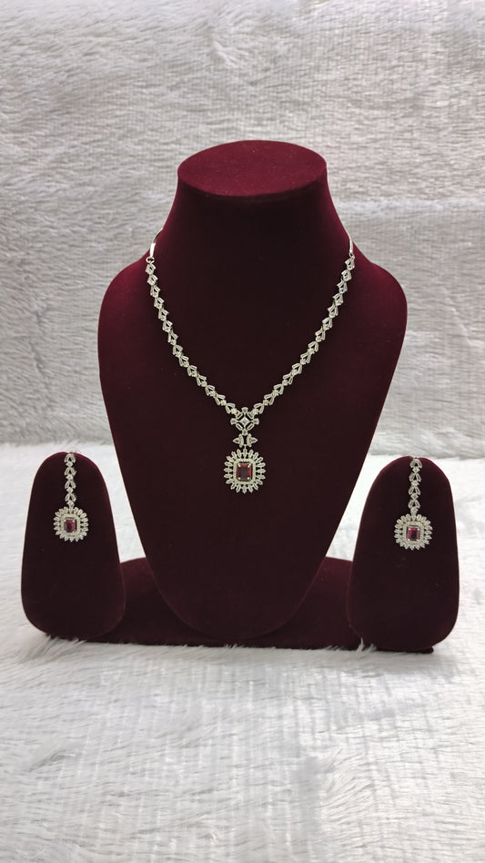 CZ Ruby Pinkish Red Necklace earrings set Indian party wear gift