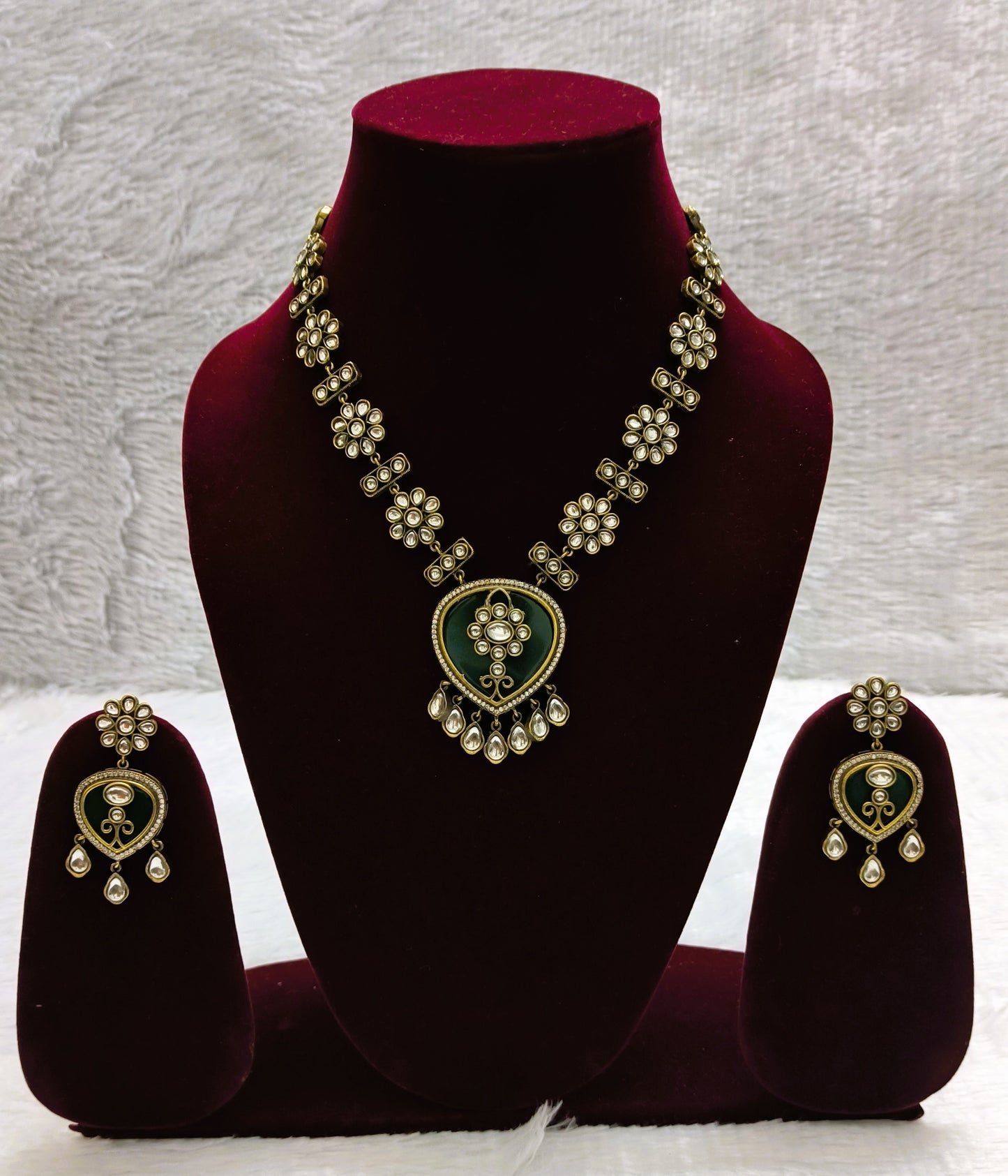 Pleasant Polki Kundan Necklace Set with Monalisa Drop Pendant