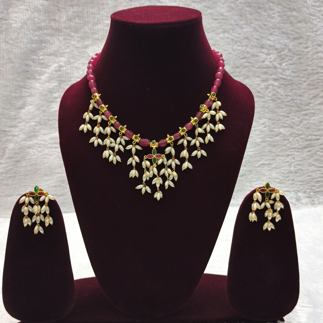 Semi Precious Beads Necklace Set with Rice Pearl Drops