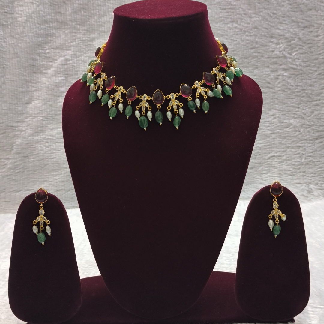 Elegant Kundan Necklace Set with Emerald & Pearl Drops