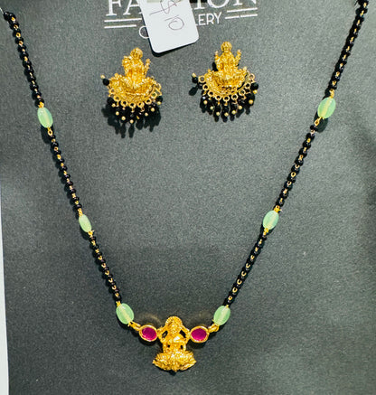 Black Beads WIth Laxmi Devi Pendent And earrings