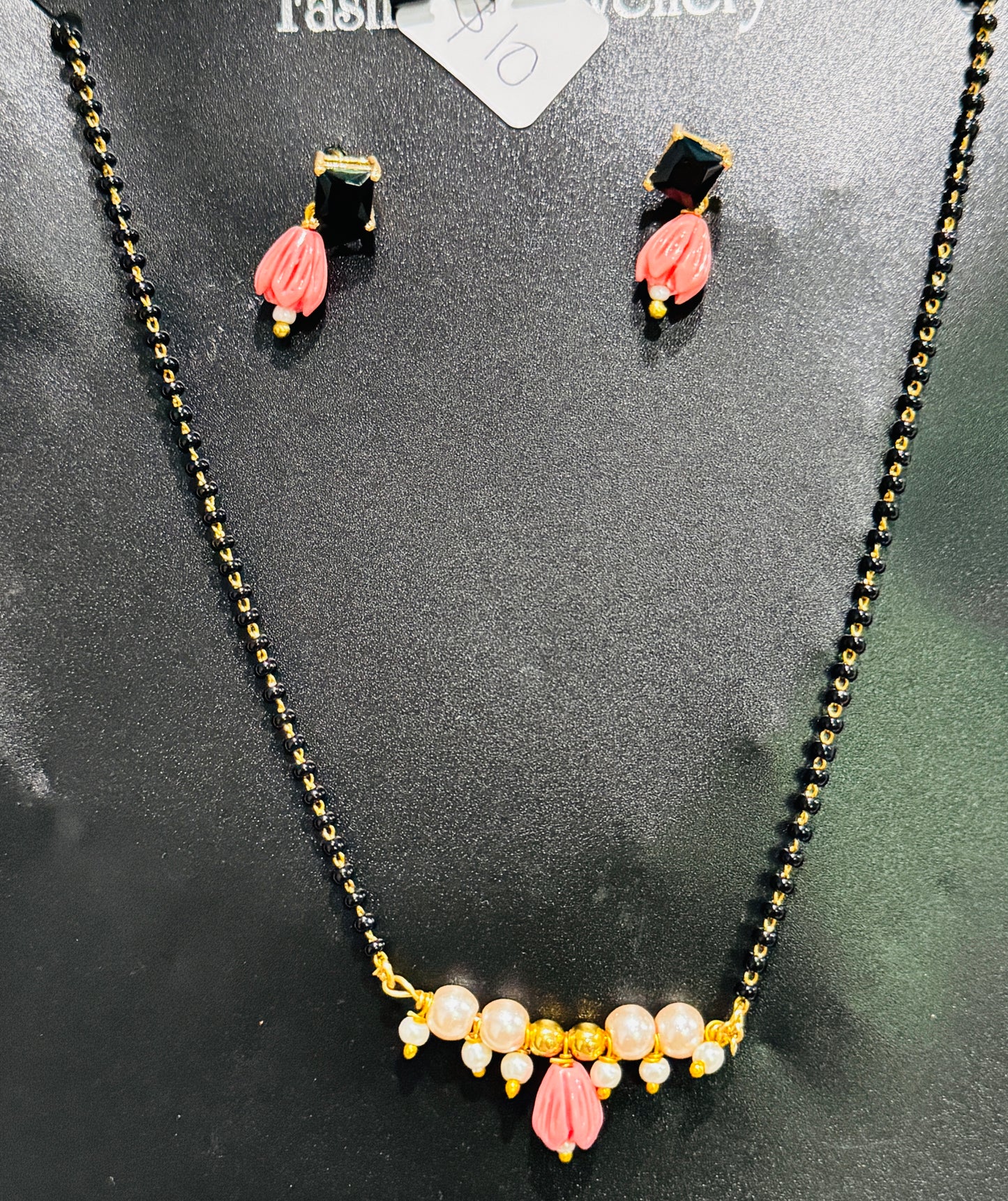 Beautiful Black Beads With Pink Tulip Bead Drop