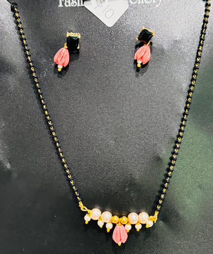 Beautiful Black Beads With Pink Tulip Bead Drop