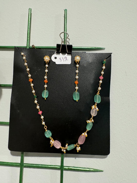 Cute Small Pearls and Pink & Green Beads With Hanging Earrings