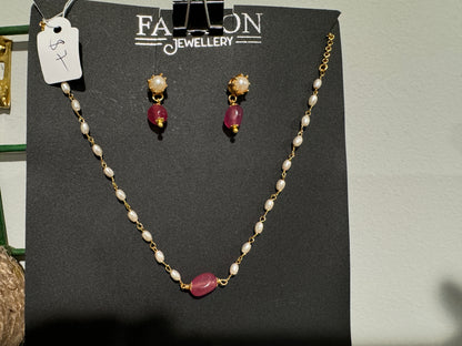 Beautiful Pearls chain with cute pink bead and Earrings for kids