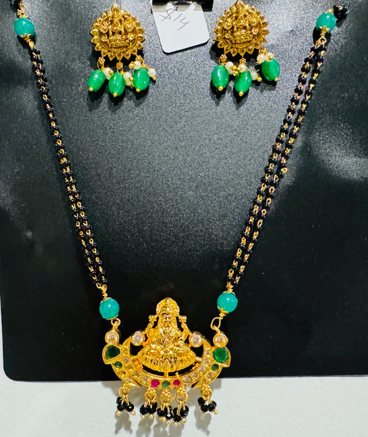 Indian Black Beads With Big Laxmi Devi Pendent and EarStuds